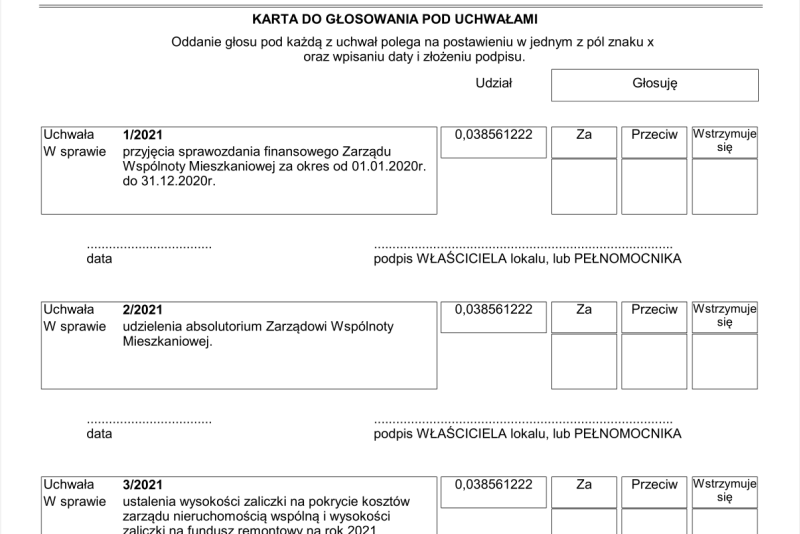 papierowa karta do głosowania pod uchwałami Wsp&oacute;lnoty Mieszkaniowej